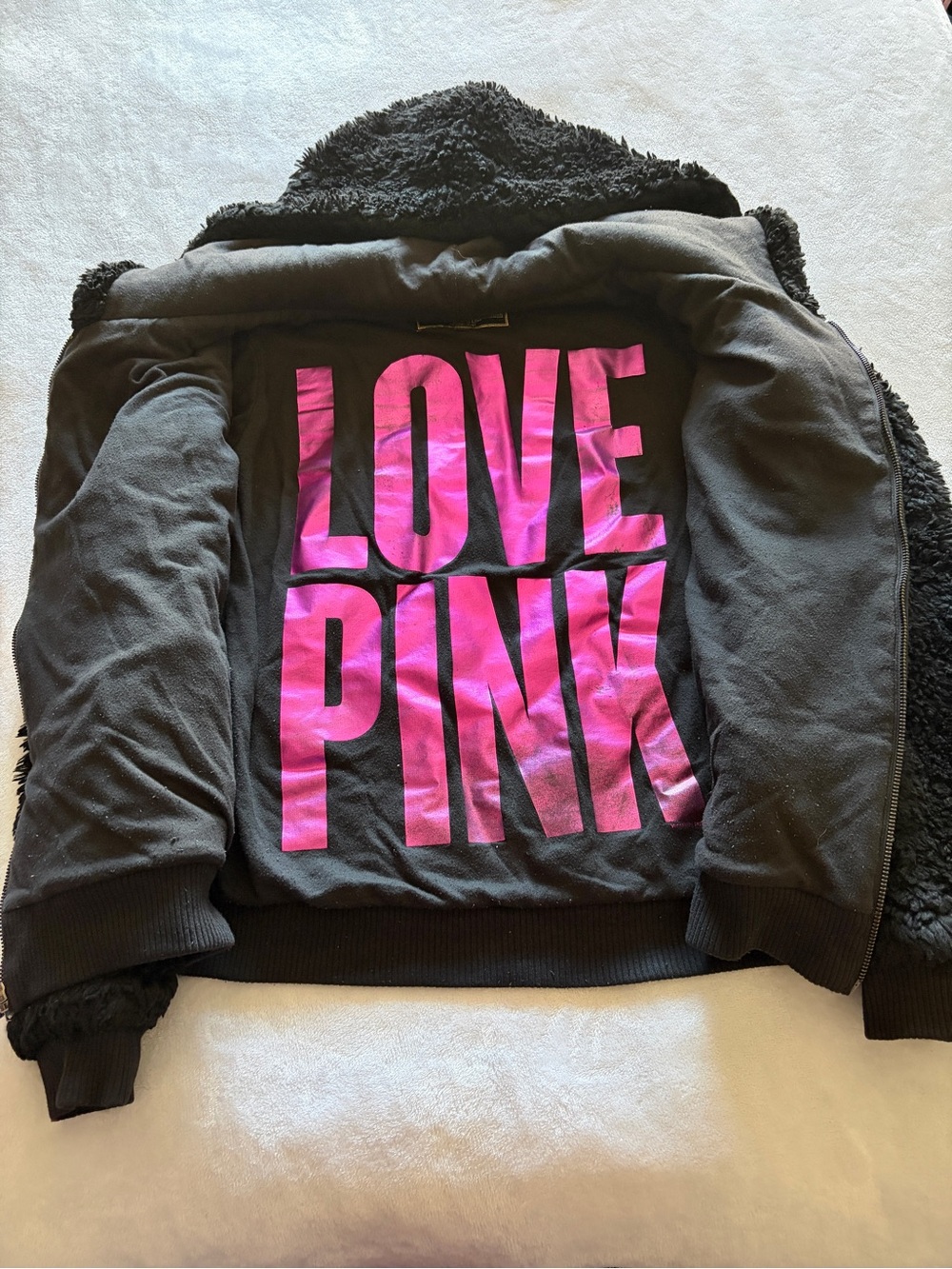 PINK Victoria's Secret Black Faux Fur Hooded Bomber Jacket